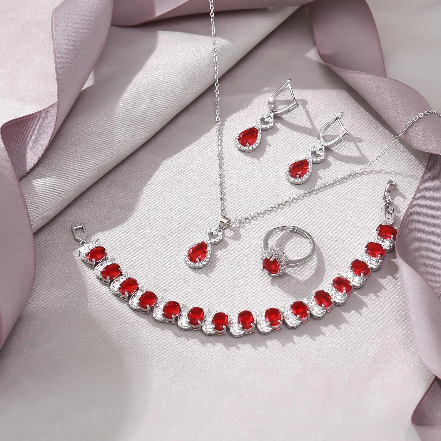 EVER FAITH Wedding Prom Four Clovers Jewelry Set for Women, Teardrop Cubic Zirconia Necklace Hoop Dangle Earrings Bracelet Open Ring Sets Anniversary Birthday Engagement Gift for Friend Lover Wife
