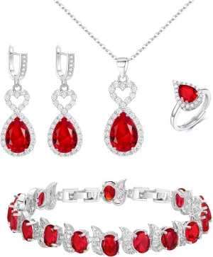EVER FAITH Wedding Prom Four Clovers Jewelry Set for Women, Teardrop Cubic Zirconia Necklace Hoop Dangle Earrings Bracelet Open Ring Sets Anniversary Birthday Engagement Gift for Friend Lover Wife