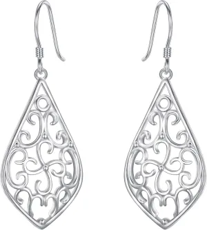 EVER FAITH Women's 925 Sterling Silver Vintage Floral Hollow Filigree Diamond-Shape Drop Hook Earrings
