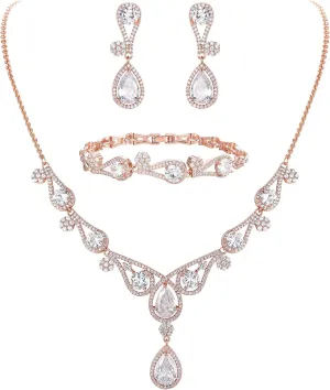 EVER FAITH Women's CZ Lots Hollow-Out Teardrop Necklace Earrings Bracelet Set Silver-Tone