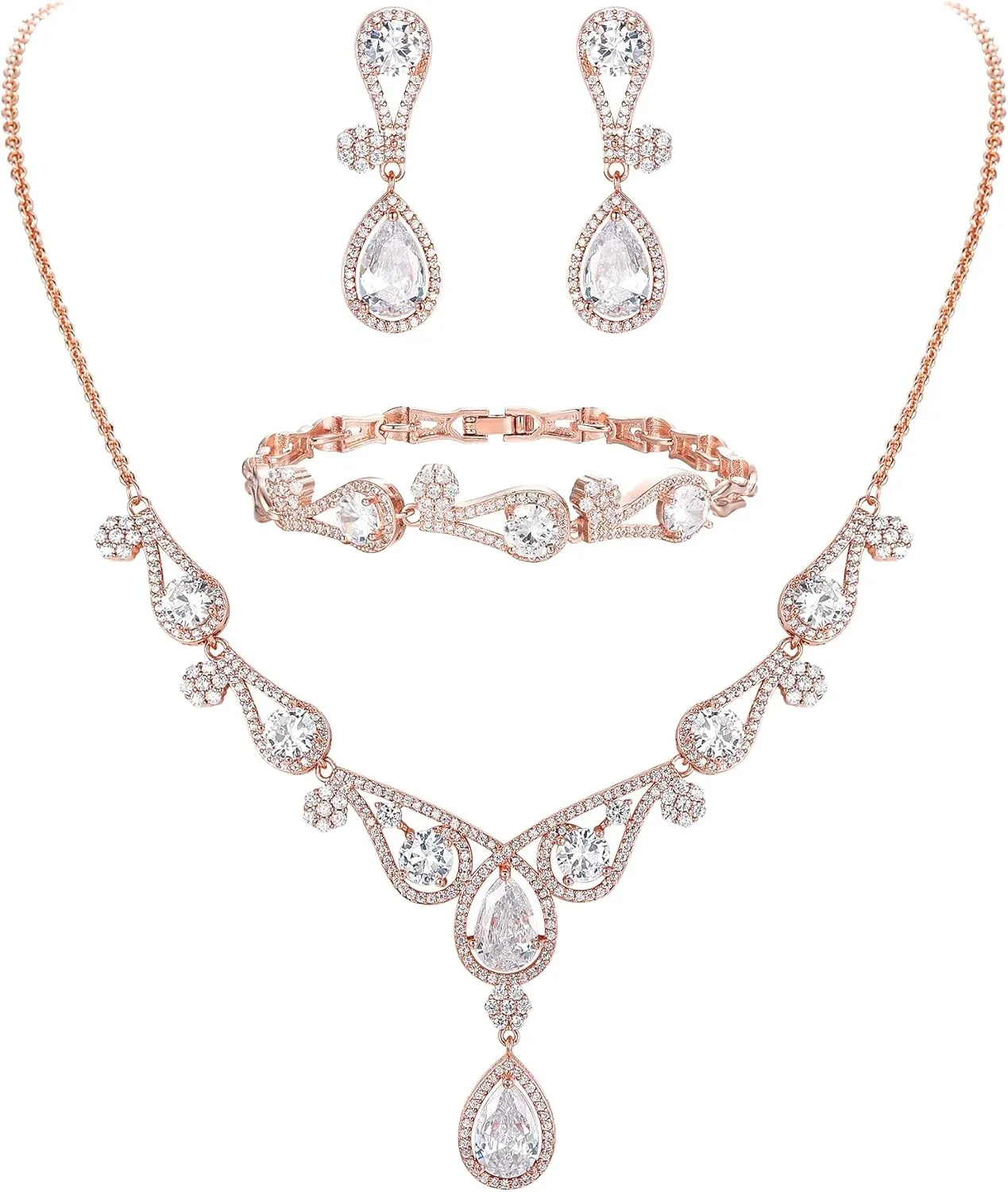 EVER FAITH Women's CZ Lots Hollow-Out Teardrop Necklace Earrings Bracelet Set Silver-Tone
