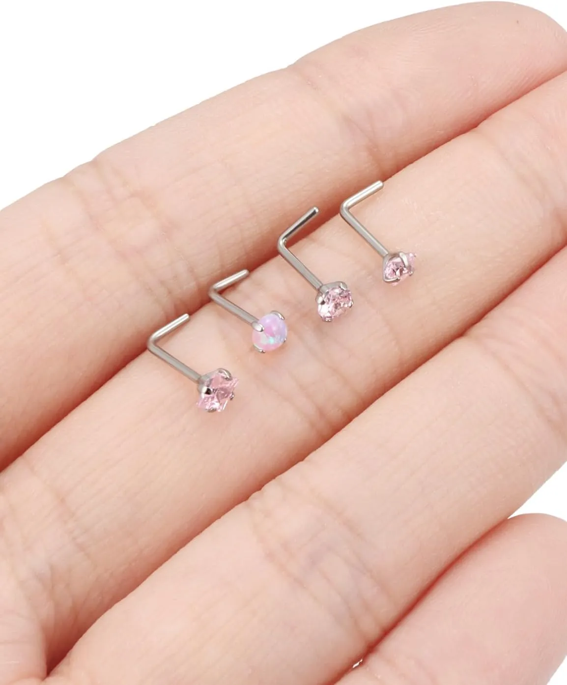 F136 Titanium 20/18g L Shaped Pink/Blue Diamond Nose Ring Studs Earrings Piercings Jewelry Surgical Steel for Women Men