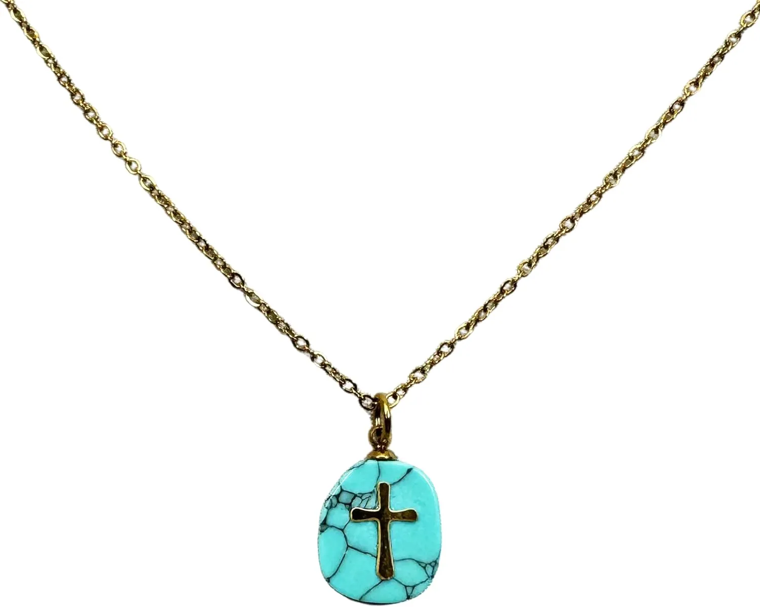 Faith-Inspired Turquoise Cross Pendant Necklace  Religious Copper Cross & Natural Stone with Stainless Steel Chain, Spiritual Christian Jewelry, Allergy-Free, 16-18, Eco-Friendly, Ideal for Gifting