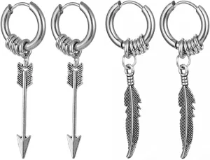 Feather Earrings For Men Women Black Stainless Steel Stylish Kpop Punk Rock Hip Hop Edgy Gothic Cool Mens Arrow Dangle Huggie Hoop Earrings Jewelry Set For