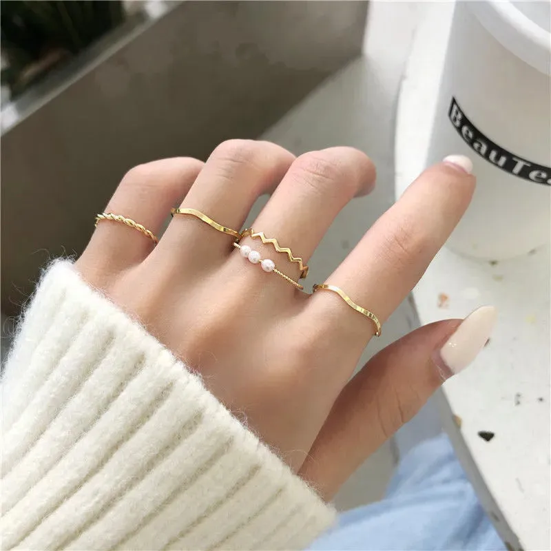Female Japanese Korean Simple Three Pearl Wavy Net Red Tail Jewelry Ring