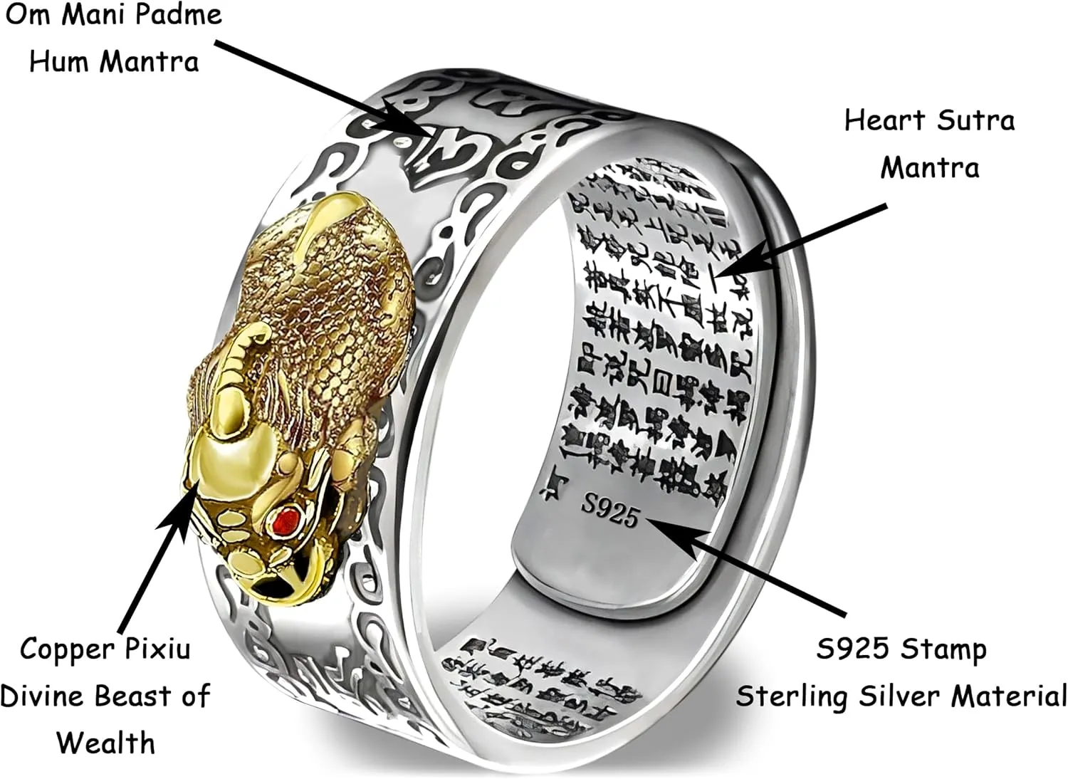 Feng Shui Ring 925 Stamp Stering Silver Pixiu Mantra Ring Original Lucky Fengshui Pi Xiu Wealth Protection Adjustable Rings Gifts for Men Women FD73626647