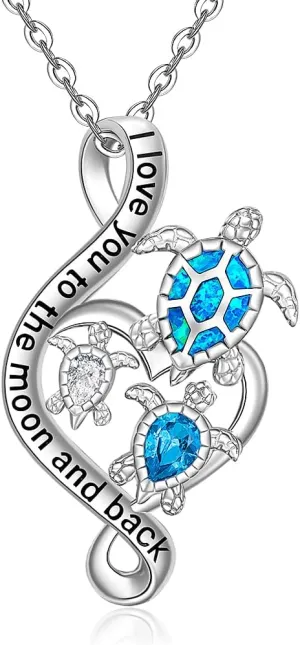 Fenthring Turtle Necklace Sea Turtle Necklaces for Women Mom Pendant Blue Opal Topaz Sterling Silver Heart Infinity Mother Daughter Wave Mothers Day Gifts