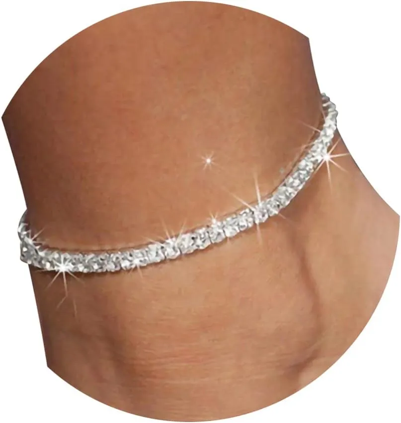 Fesciory Heart Rhinestone Ankle Bracelets for Women, Adjustable Silver Shiny Tennis Anklets, Twinkle Cubic Zircon Diamond Anklet Foot Chain Jewelry Gifts