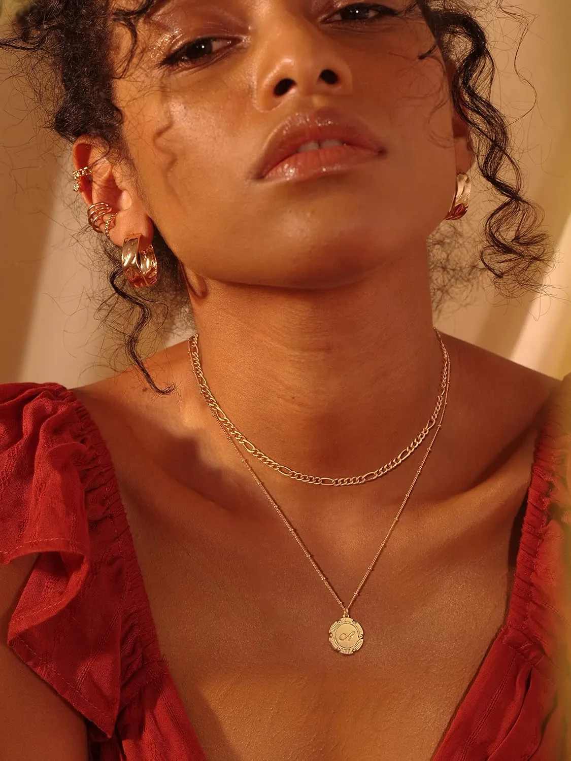 Fettero Gold Layered Initial Necklaces for Women, 14K Gold Plated Retro Circular Letter Dainty Figaro Chain Choker Necklace Personalized Jewelry Birthday Gift for Women Letter L