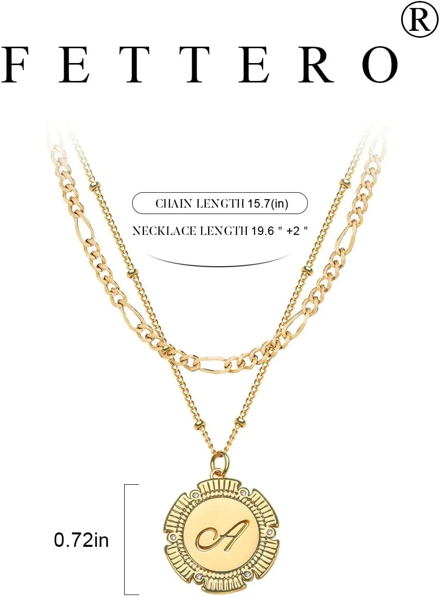 Fettero Gold Layered Initial Necklaces for Women, 14K Gold Plated Retro Circular Letter Dainty Figaro Chain Choker Necklace Personalized Jewelry Birthday Gift for Women Letter L