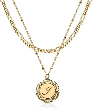 Fettero Gold Layered Initial Necklaces for Women, 14K Gold Plated Retro Circular Letter Dainty Figaro Chain Choker Necklace Personalized Jewelry Birthday Gift for Women Letter L