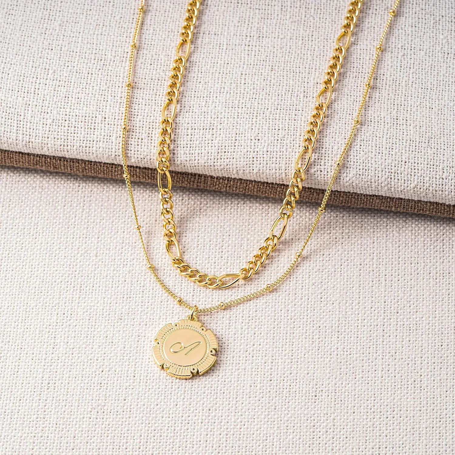 Fettero Gold Layered Initial Necklaces for Women, 14K Gold Plated Retro Circular Letter Dainty Figaro Chain Choker Necklace Personalized Jewelry Birthday Gift for Women Letter L