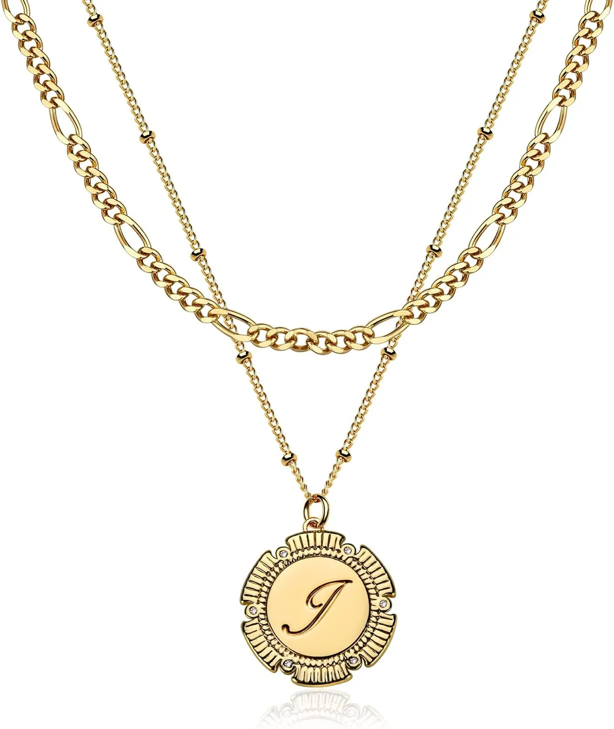 Fettero Gold Layered Initial Necklaces for Women, 14K Gold Plated Retro Circular Letter Dainty Figaro Chain Choker Necklace Personalized Jewelry Birthday Gift for Women Letter L