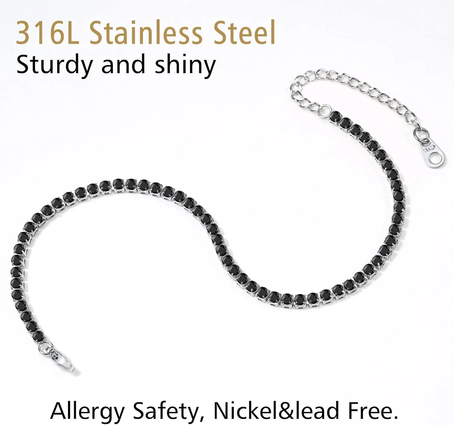 FindChic Sparkling Tennis Chain Ankle Bracelets for Women, 8.5" Stainless Steel Anklets White and Black CZ Diamond Foot Link Jewelry Fit for Summer Beach