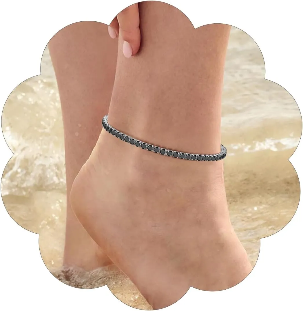 FindChic Sparkling Tennis Chain Ankle Bracelets for Women, 8.5" Stainless Steel Anklets White and Black CZ Diamond Foot Link Jewelry Fit for Summer Beach