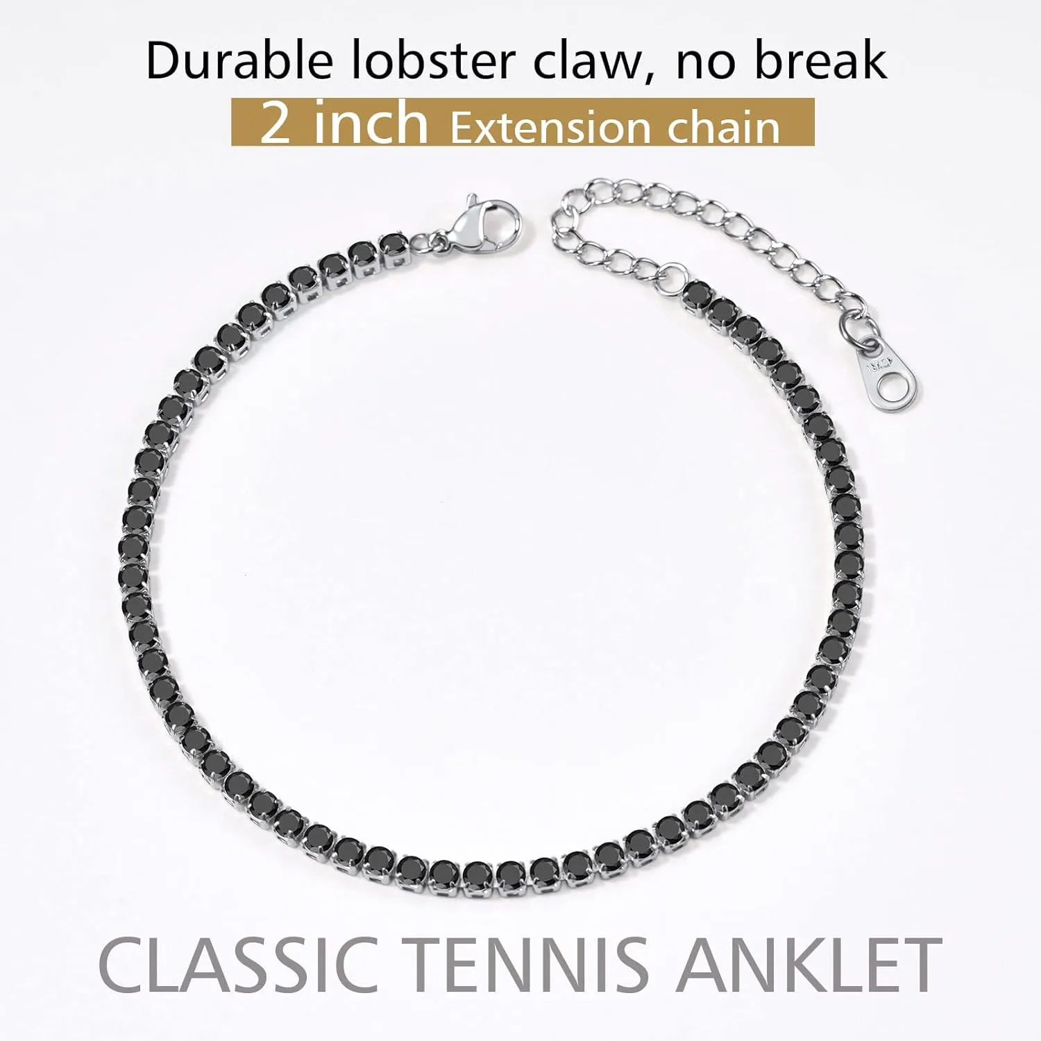 FindChic Sparkling Tennis Chain Ankle Bracelets for Women, 8.5" Stainless Steel Anklets White and Black CZ Diamond Foot Link Jewelry Fit for Summer Beach