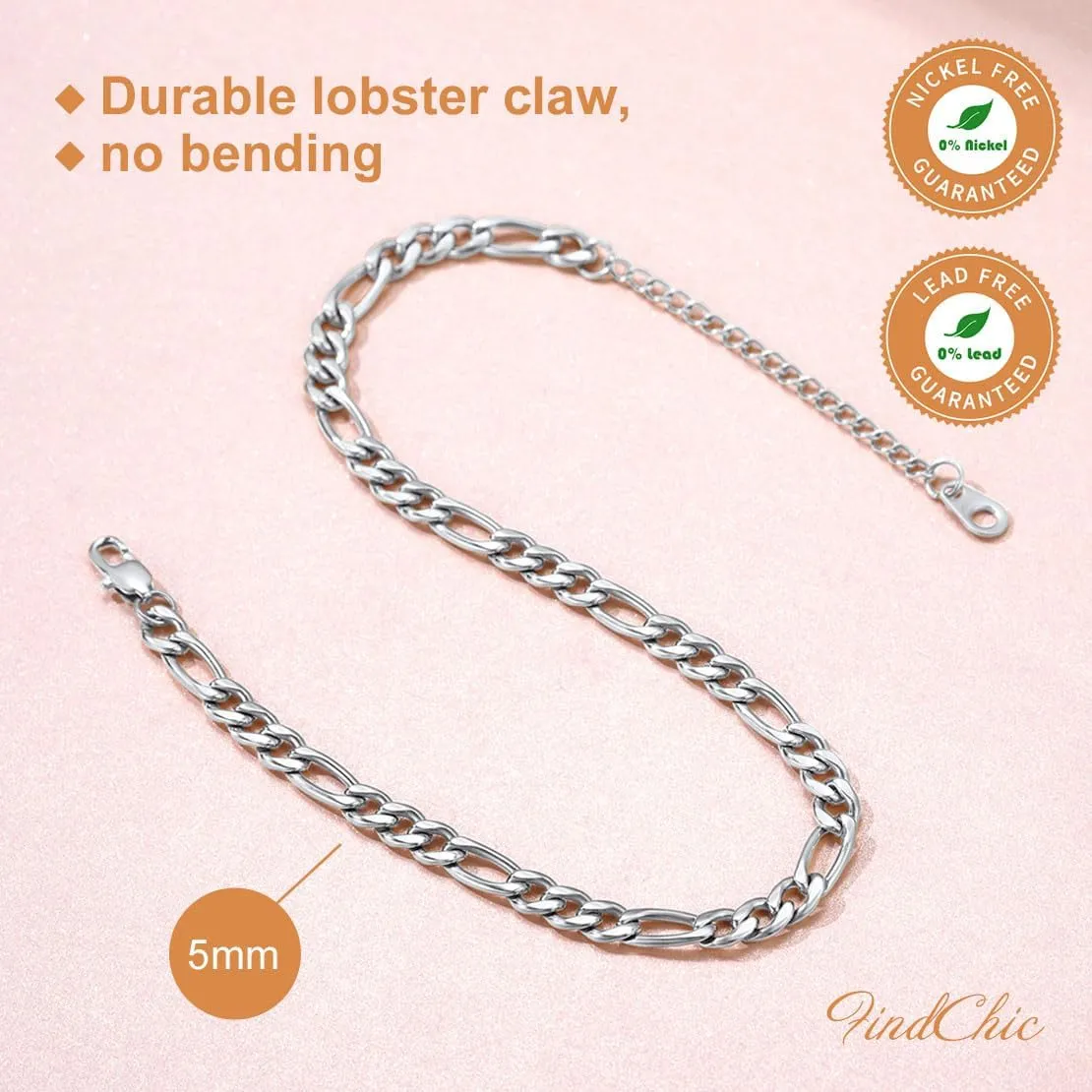 FindChic Stainless Steel Ankle Chain Bracelets for Women Cuban Curb/Figaro/Box Links Beach Foot Jewelry 8.5''-10.5'' Adjustable Anklet, with Jewelry Box