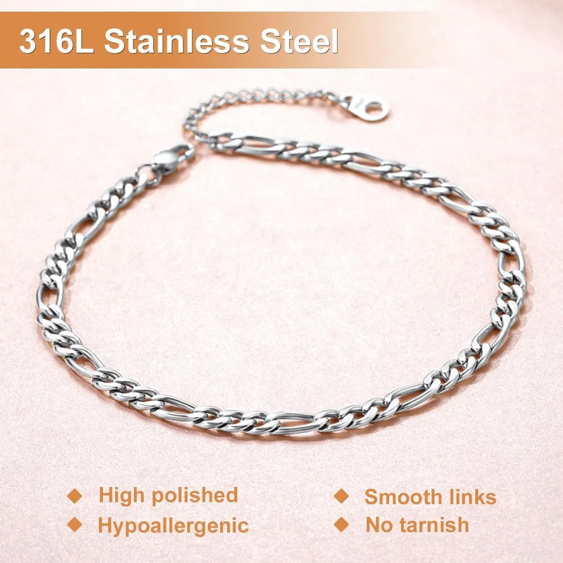 FindChic Stainless Steel Ankle Chain Bracelets for Women Cuban Curb/Figaro/Box Links Beach Foot Jewelry 8.5''-10.5'' Adjustable Anklet, with Jewelry Box