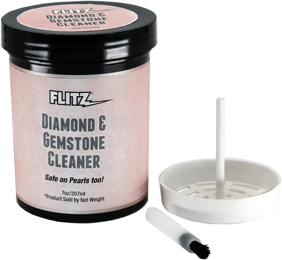 Flitz Diamond and Gemstone Cleaner  Fine Jewelry Cleaner for All Jewelry, Gold, Diamond Rings, Sterling Silver, Platinum and More - 7 oz Dip Jar with Tray and Brush - Made in USA