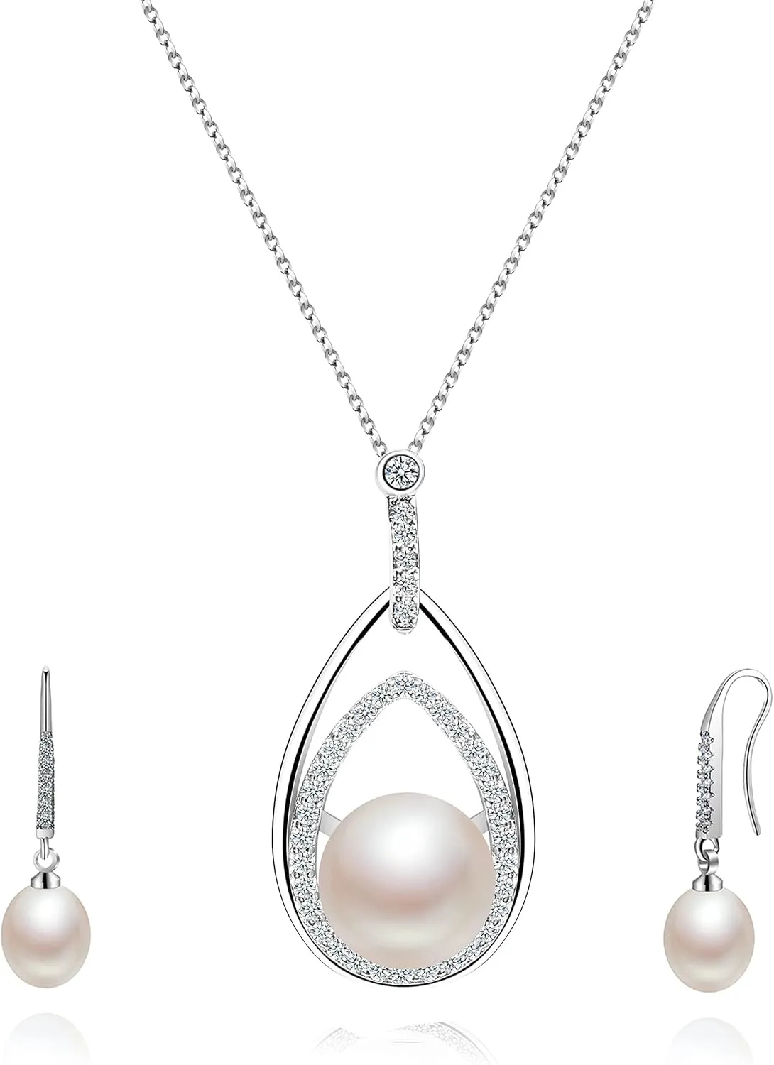 Freshwater Cultured Pearl Pendant Necklace & Drop Earrings Set - 925 Sterling Silver Bridal Jewelry Gift