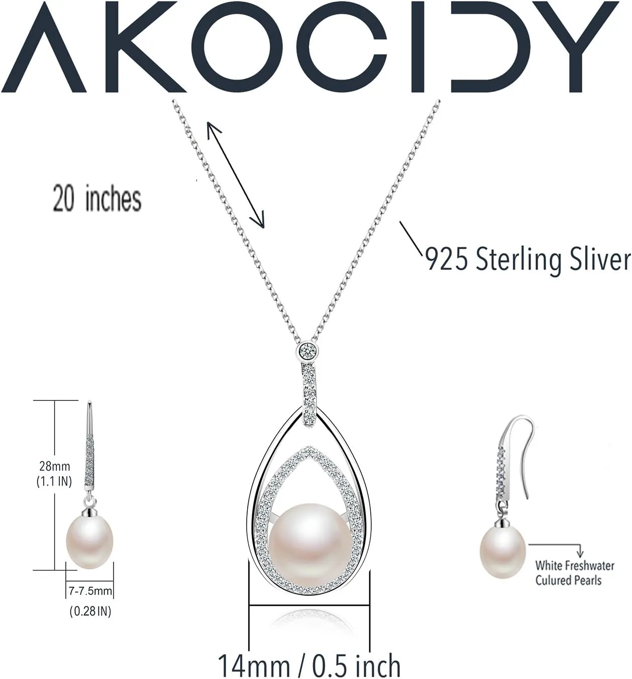 Freshwater Cultured Pearl Pendant Necklace & Drop Earrings Set - 925 Sterling Silver Bridal Jewelry Gift
