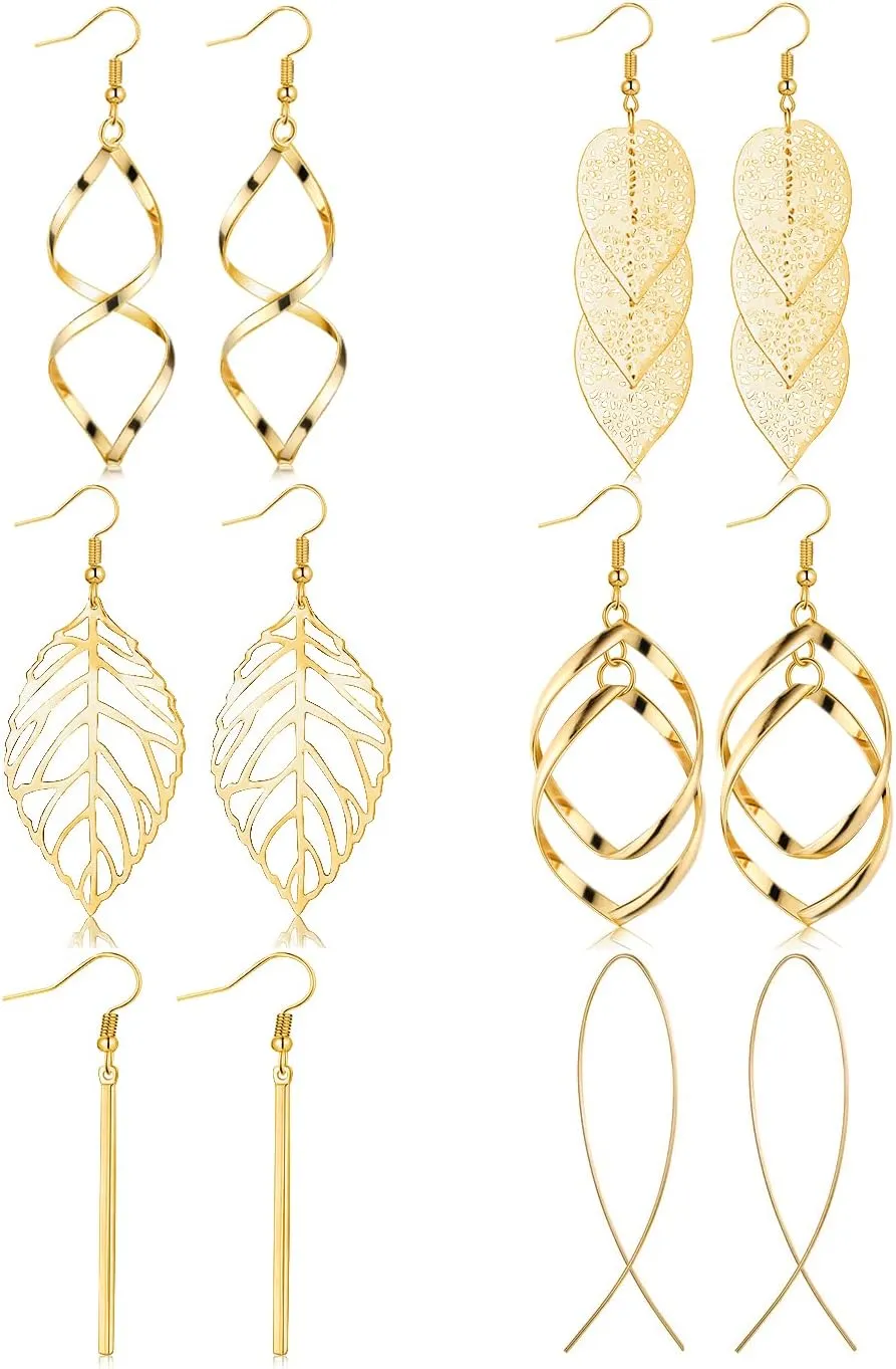 FUNEIA 6 Pairs Drop Dangle Earrings for Women Long Bar Double Twist Wave Curved Threader Cut Out Leaf Lightweight Earrings Set