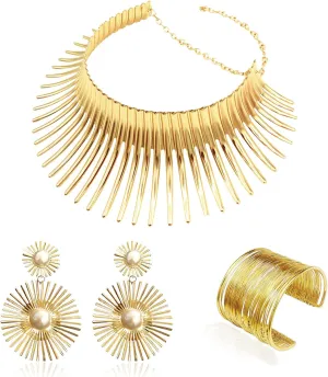 FUNOJOY African Jewelry Sets for Women - Gold Bib Choker Collars Cuff Bracelet Geometric Earrings Necklace Set Punk Stylish Jewelry for Women