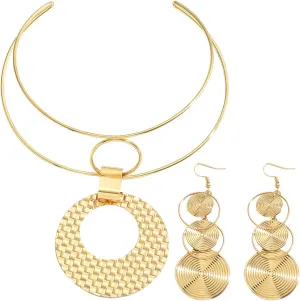 FUNOJOY African Jewelry Sets for Women - Gold Bib Choker Collars Cuff Bracelet Geometric Earrings Necklace Set Punk Stylish Jewelry for Women