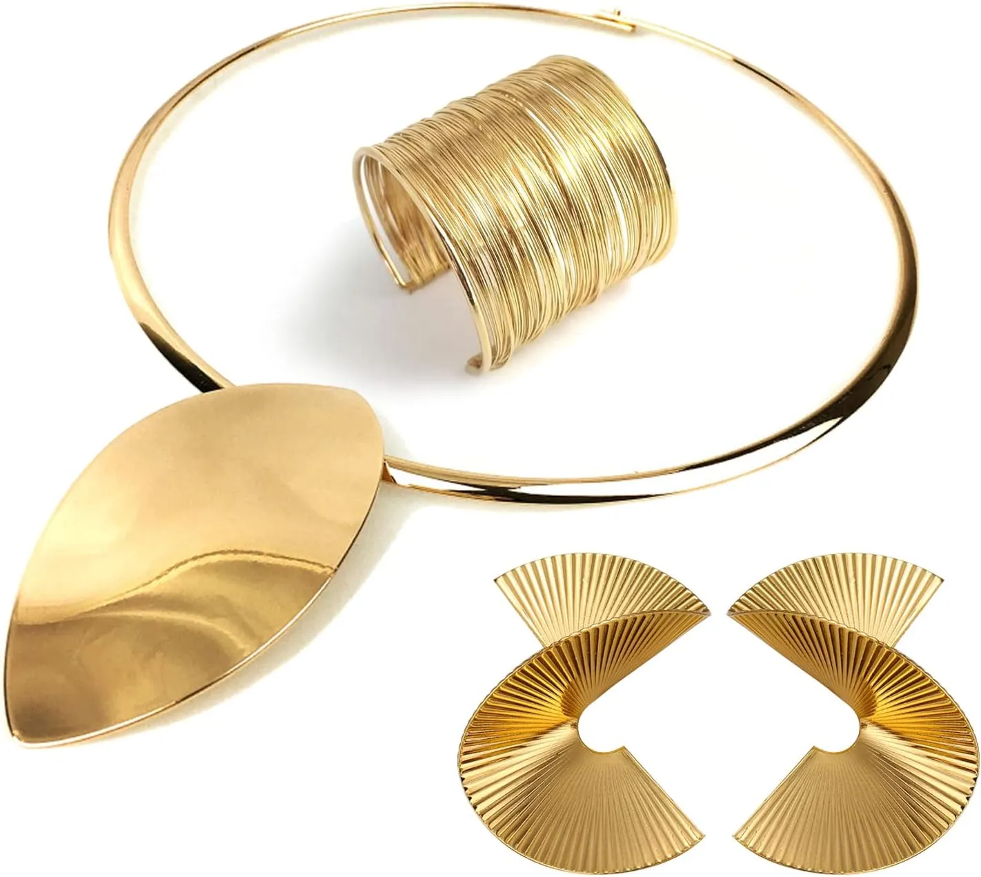 FUNOJOY African Jewelry Sets for Women - Gold Bib Choker Collars Cuff Bracelet Geometric Earrings Necklace Set Punk Stylish Jewelry for Women