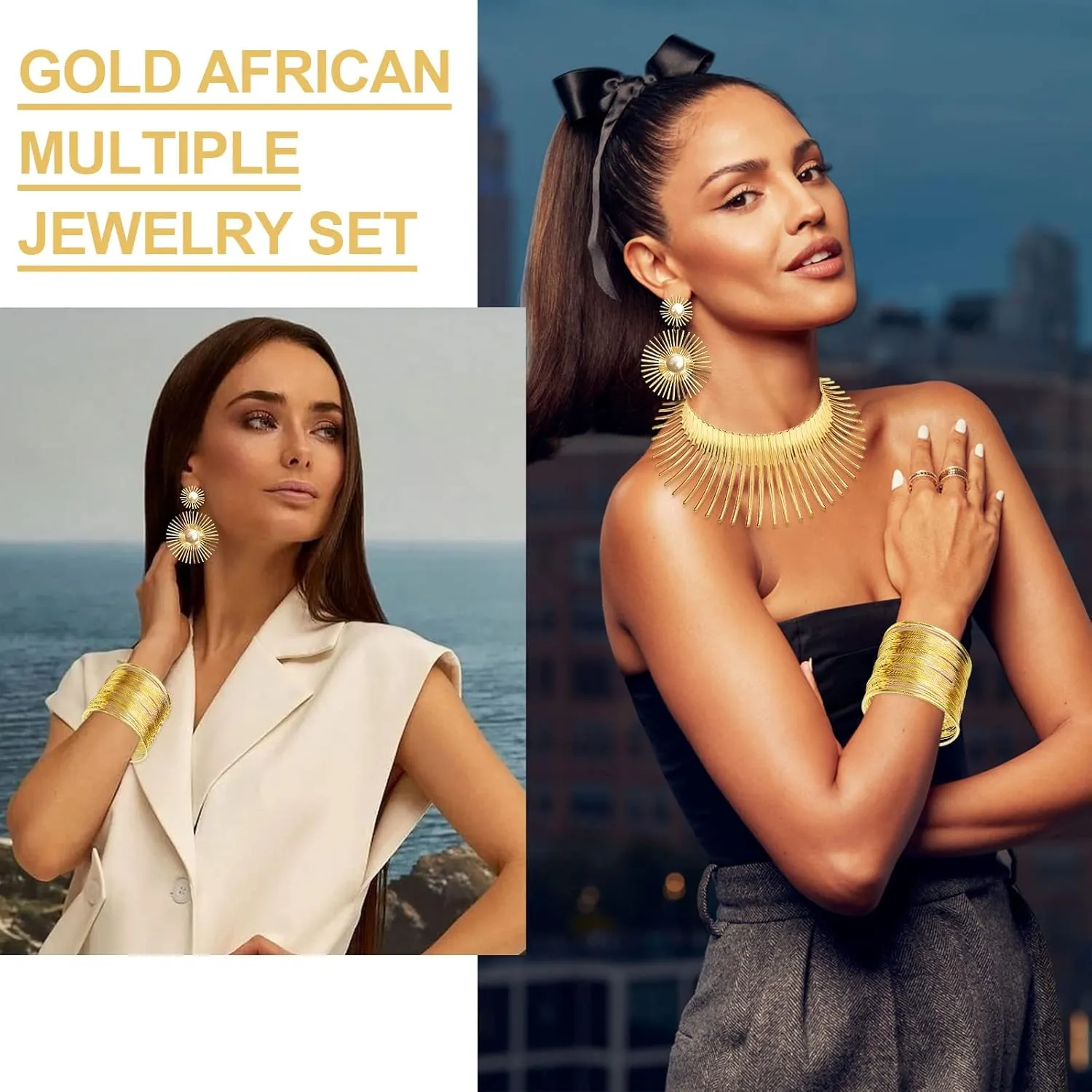 FUNOJOY African Jewelry Sets for Women - Gold Bib Choker Collars Cuff Bracelet Geometric Earrings Necklace Set Punk Stylish Jewelry for Women