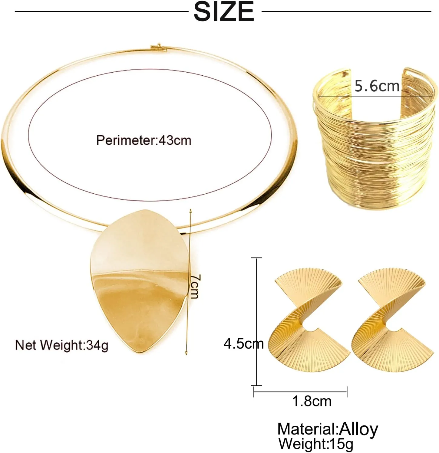 FUNOJOY African Jewelry Sets for Women - Gold Bib Choker Collars Cuff Bracelet Geometric Earrings Necklace Set Punk Stylish Jewelry for Women