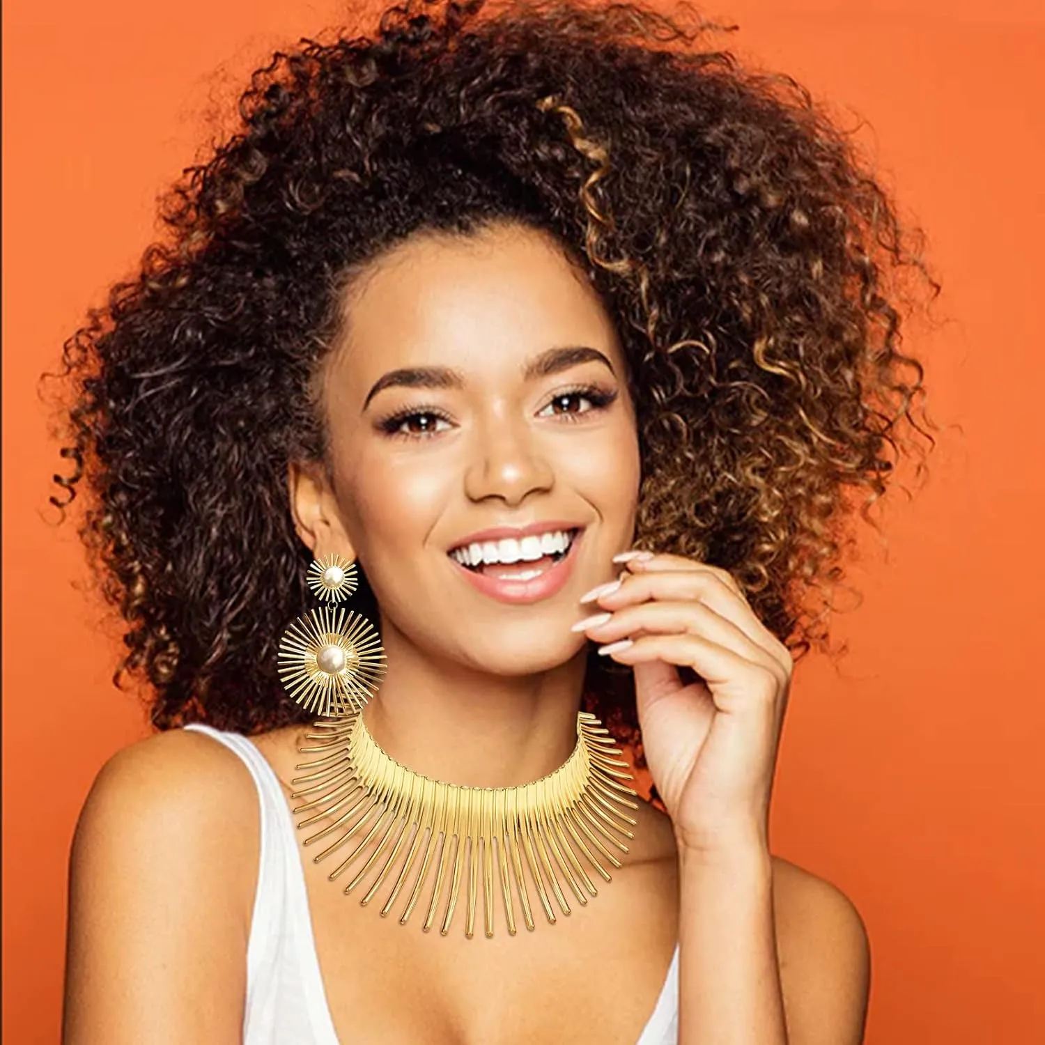 FUNOJOY African Jewelry Sets for Women - Gold Bib Choker Collars Cuff Bracelet Geometric Earrings Necklace Set Punk Stylish Jewelry for Women