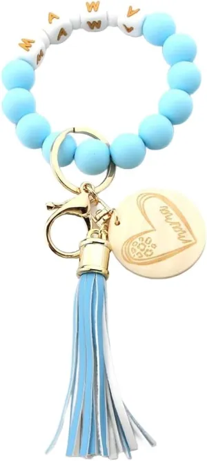 Fuqimanman2020 MAMA Keychain Silicone Bead Wooden MAMA Tag Bracelet PU Tassel Key Ring Wristlet Keychain Mothers Day Gift