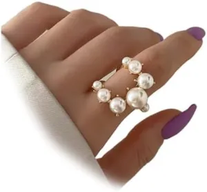 FUTIMELY Pearl Rings for Women Stacking Pearl Cluster Rings Adjustable Pearl Open Finger Ring Trendy Personality Pearl Statement Jewelry for Women