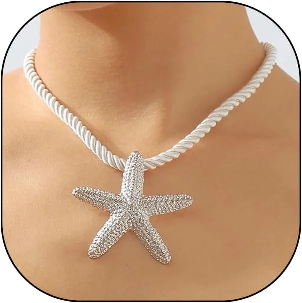 FUTIMELY Unique Gold Starfish Pendant Necklace for Women,Chunky White Braided Rope Choker Necklace,Dainty Silver Big Star Statement Necklace Beach Jewelry