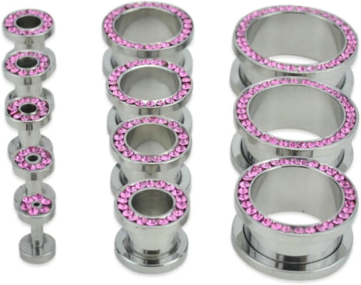 Gauge Earrings for Men Stainless Steel Ear Gauges Women Pink Round Cubic Zirconia Ear Tunnels Ear Expander Piercing Jewelry, 2PCS, 4MM - 18MM