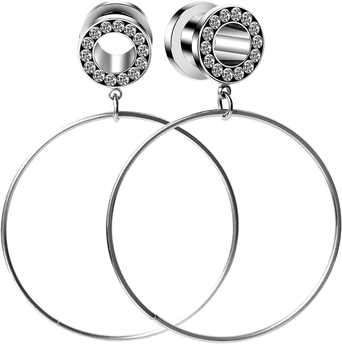 Gauges, 2PCS Ear Gauges Stainless Steel Silver with Big Hoop Dangle Cubic Zirconia Gauges Ear Kit