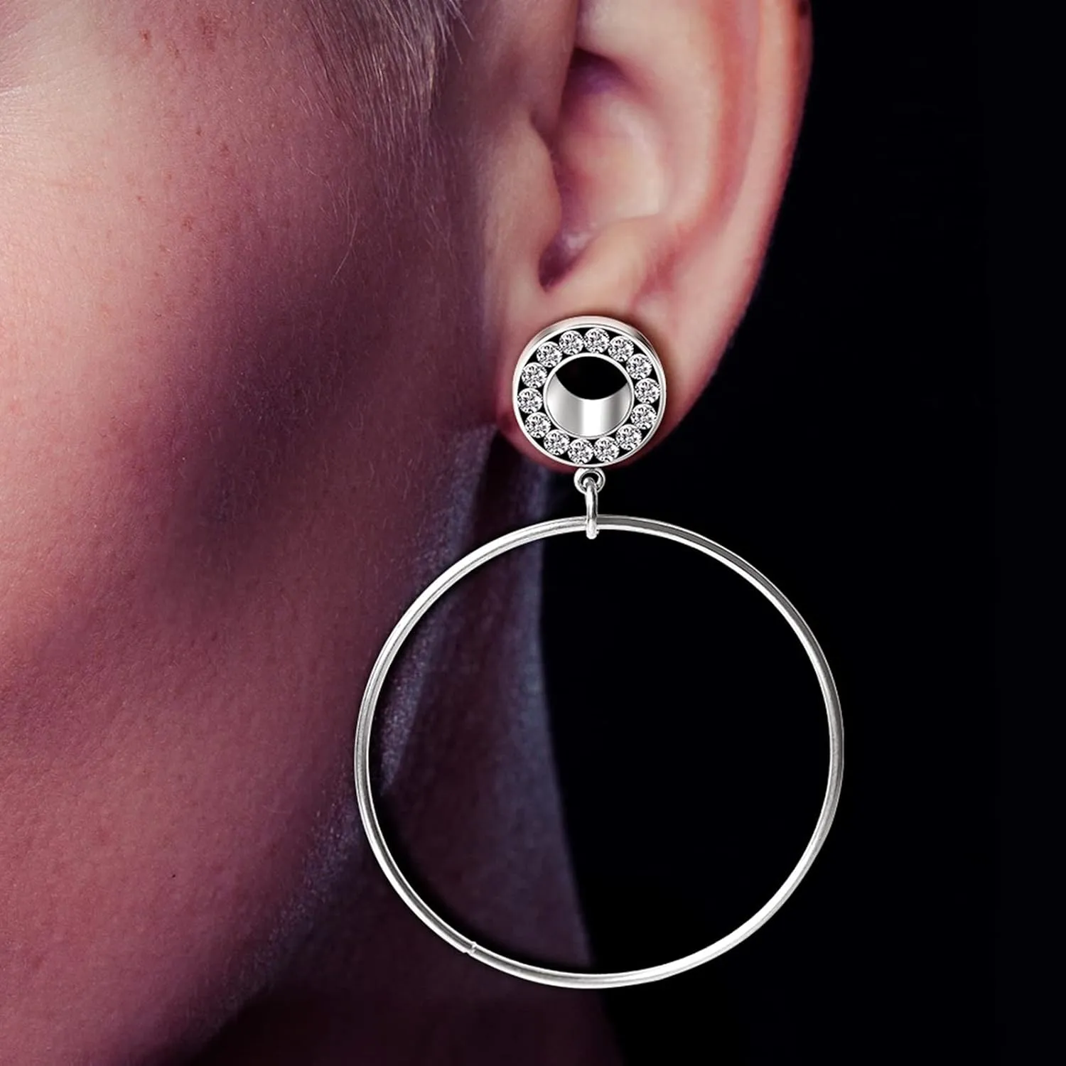 Gauges, 2PCS Ear Gauges Stainless Steel Silver with Big Hoop Dangle Cubic Zirconia Gauges Ear Kit