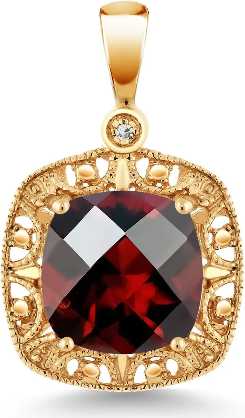 Gem Stone King 10K Yellow Gold Red Garnet and Diamond Accent Pendant Necklace For Women | 2.40 Cttw | Gemstone Birthstone | Cushion Checkerboard Cut 8MM