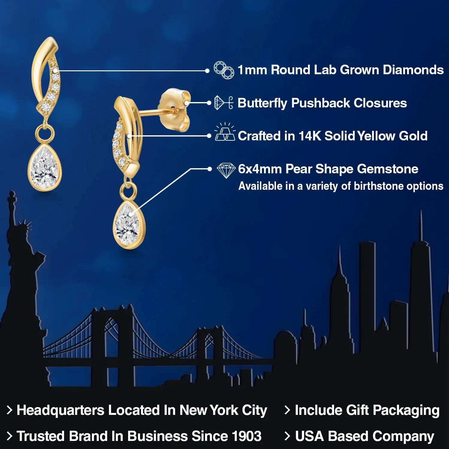 Gem Stone King 14K Yellow Gold 6X4MM Pear Shape Gemstone Birthstone and Lab Grown Diamond Accent Teardrop Earrings For Women | Fine Gold Jewelry for Her Mom Wife