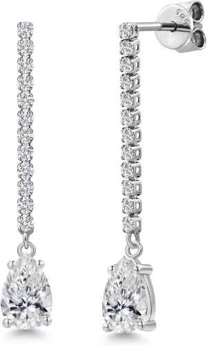 Gem Stone King 1.82 Cttw 14K White Gold White Lab Grown Diamond Long Liner Dangle Teardrop Earrings for Women | Pear Shape 8X5MM | F-G Color | VS1 Clarity | White Gold Chain Drop Earring