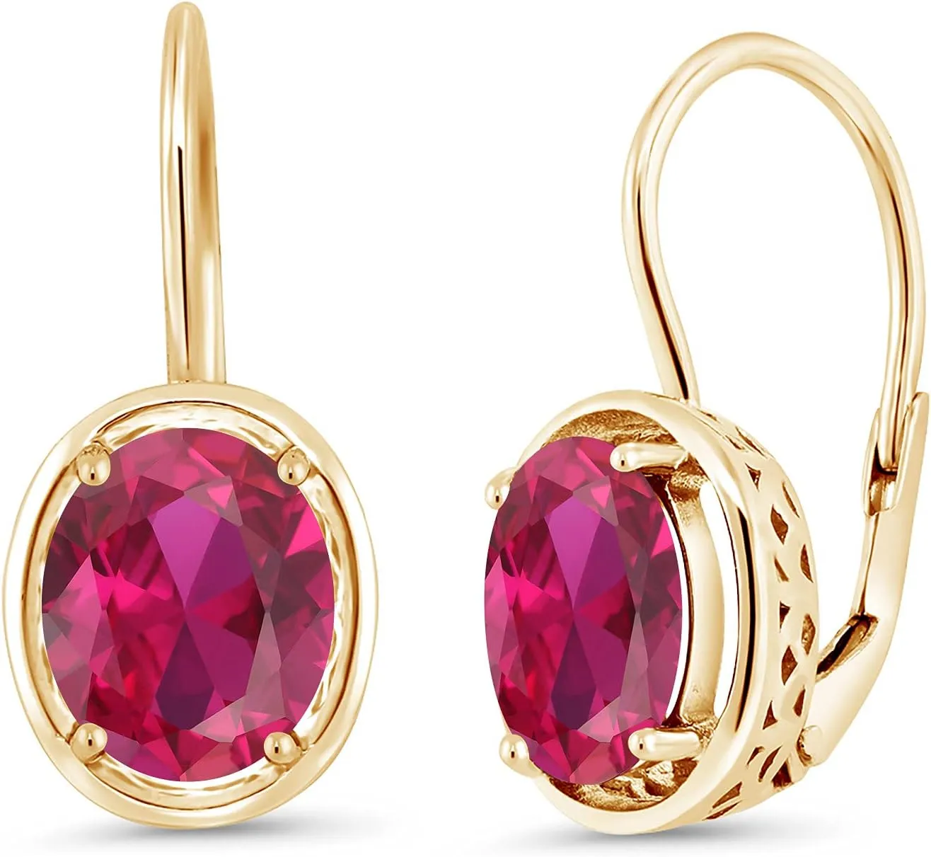 Gem Stone King 18K Yellow Gold Plated Silver Red Created Ruby Dangle Earrings For Women (4.00 Cttw, Oval 9X7MM)