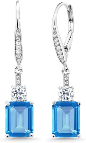Gem Stone King Drop Dangle Gemstone Birthstone and White Topaz Earrings for Women | 925 Sterling Silver | Emerald Cut 9X7MM | Fine Jewelry Gifts for Her Mom Anniversary Wedding