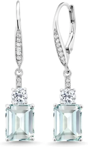 Gem Stone King Drop Dangle Gemstone Birthstone and White Topaz Earrings for Women | 925 Sterling Silver | Emerald Cut 9X7MM | Fine Jewelry Gifts for Her Mom Anniversary Wedding