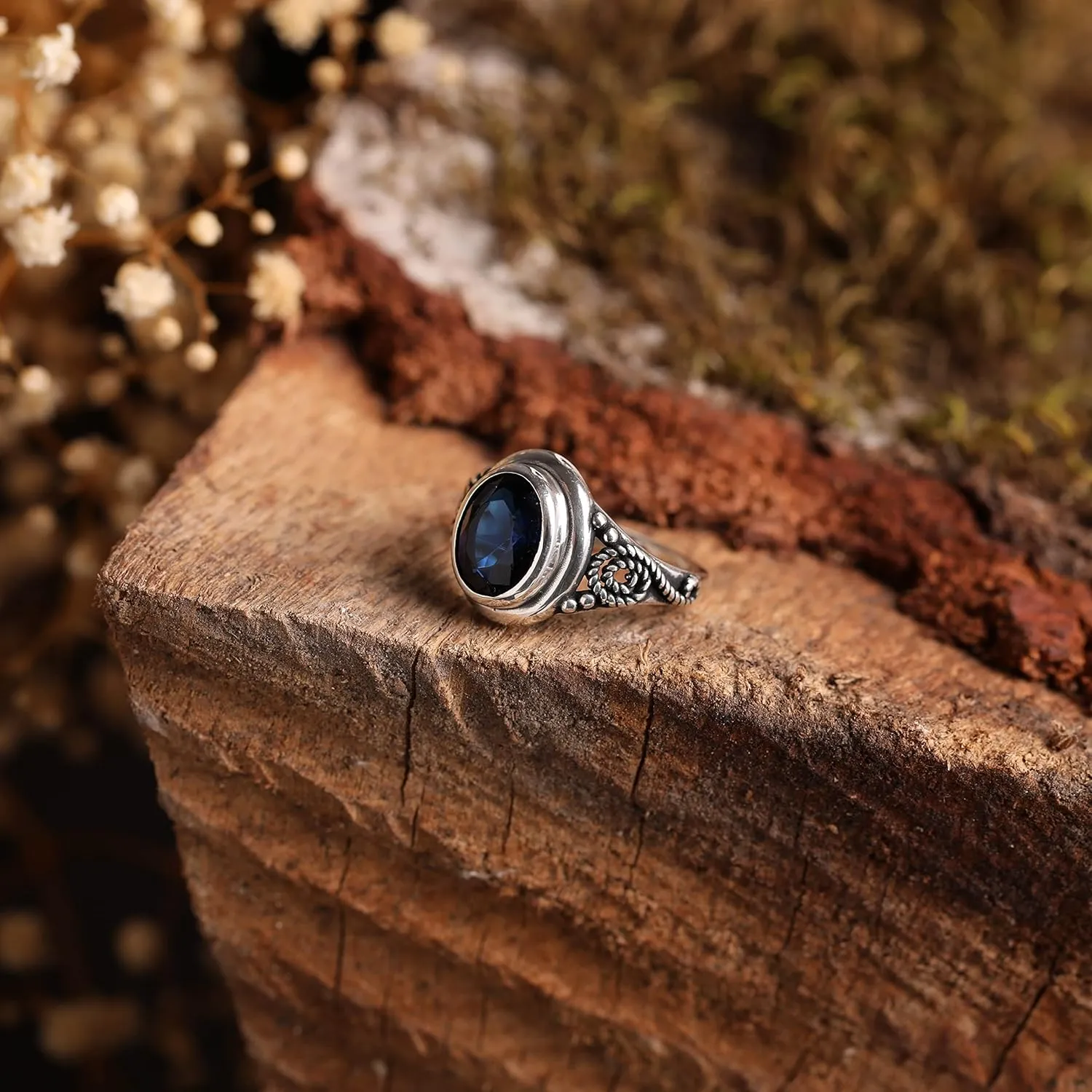 Genuine 925 Sterling Silver Oval Shape Brilliant Cut Blue Sapphire Color Stone Luxury Statement Filigree Ring Gift for Her
