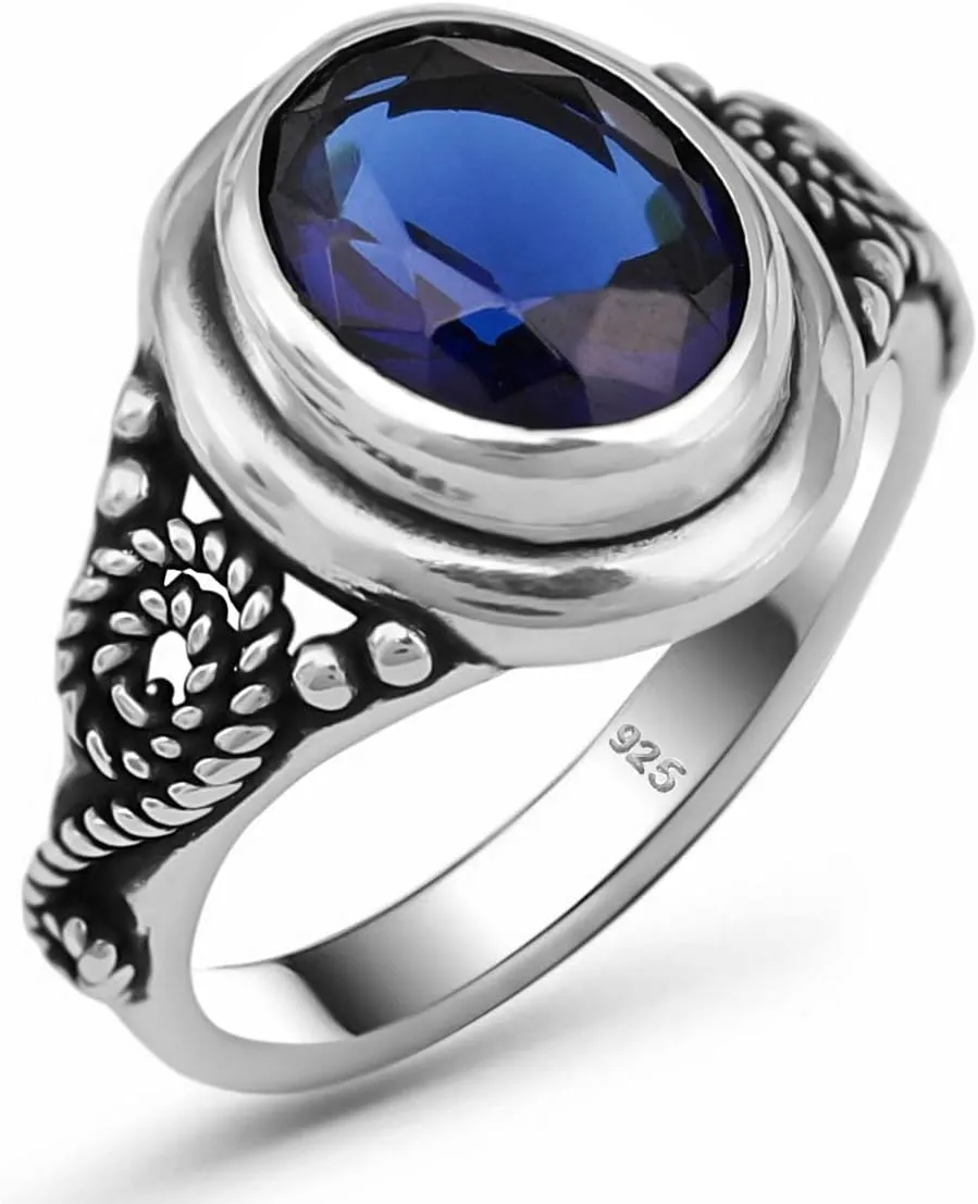 Genuine 925 Sterling Silver Oval Shape Brilliant Cut Blue Sapphire Color Stone Luxury Statement Filigree Ring Gift for Her