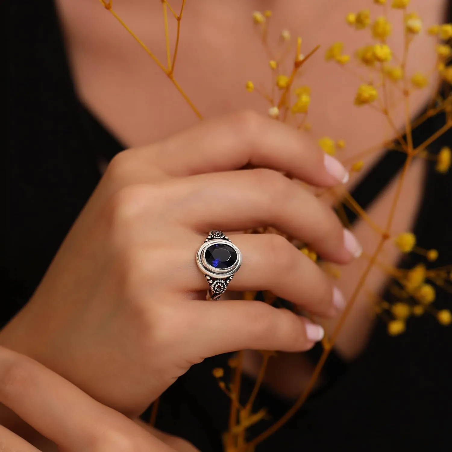 Genuine 925 Sterling Silver Oval Shape Brilliant Cut Blue Sapphire Color Stone Luxury Statement Filigree Ring Gift for Her