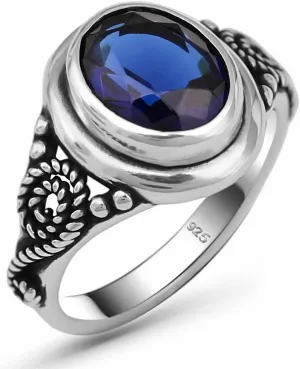 Genuine 925 Sterling Silver Oval Shape Brilliant Cut Blue Sapphire Color Stone Luxury Statement Filigree Ring Gift for Her