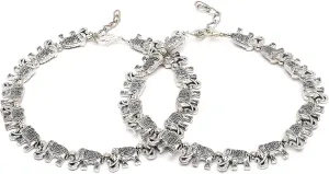 German Oxidised Silver Anklets Pair for Women, Nature Tribal Style with Elepant Carvings(Set of 2) Indian Jewelry Nazar Battu Anklets