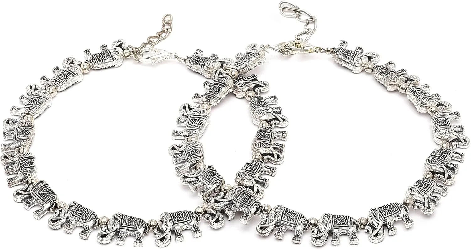 German Oxidised Silver Anklets Pair for Women, Nature Tribal Style with Elepant Carvings(Set of 2) Indian Jewelry Nazar Battu Anklets
